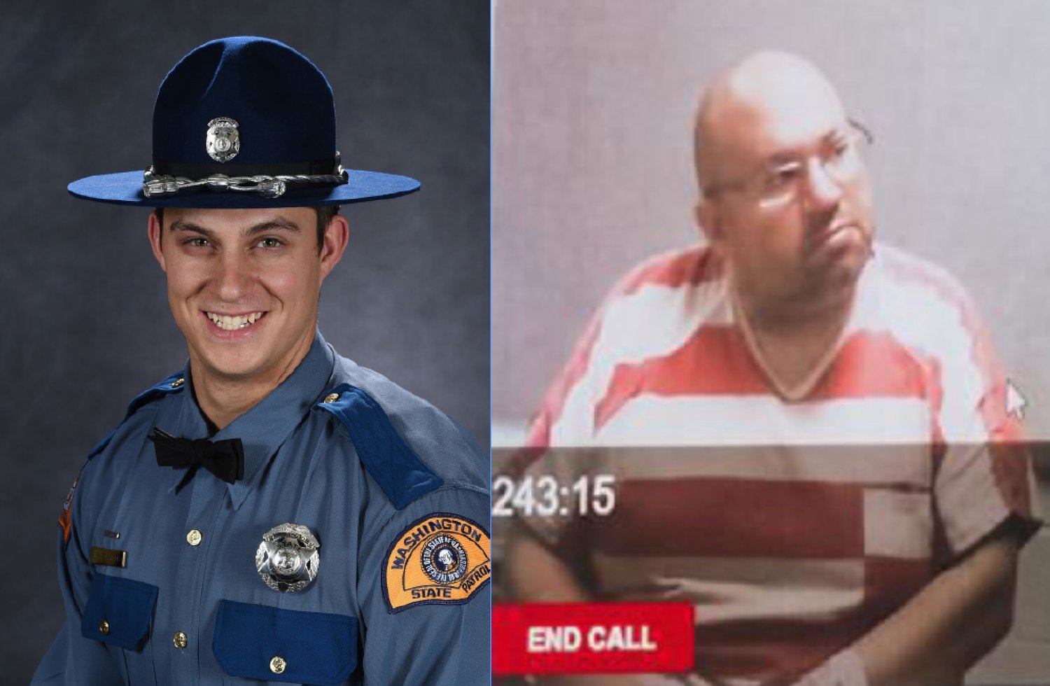 Washington State Patrol Trooper Justin Schaffer, left, was killed by Willam Thompson, right, in March 2020.